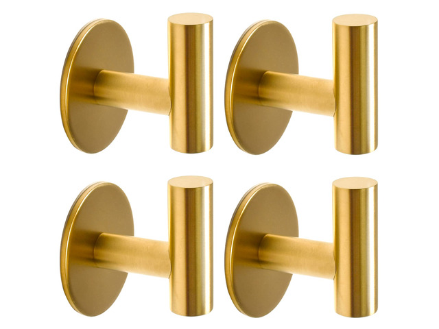 Brushed Gold Self Adhesive Stainless Steel Towel Hooks (4-Pack) SUS304, Self-Adhesive, Heavy Duty, Waterproof, Coat Robe Wall Hook for Bathrooms...