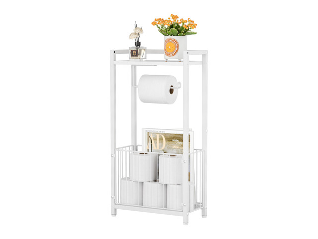 Freestanding Toilet Paper Holder with Storage Shelf, White Bathroom Tissue Stand with Space for Phone Wipes Magazines All-in-One Toilet Roll...