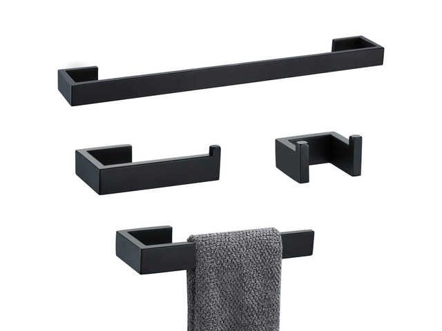 4 Pieces Bathroom Hardware Accessories Set Black Towel Bar Towel Holder Robe Hook Toilet Paper Holder Stainless Steel,Q8-P4BK