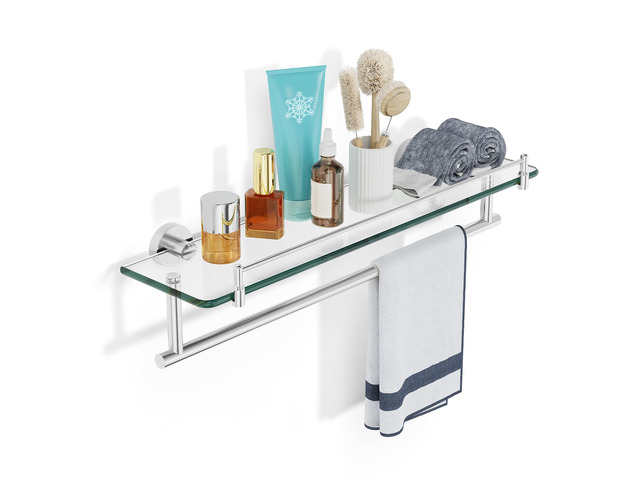 20-Inch Tempered Glass Bathroom Shelf with Towel Bar - Brushed Nickel & Stainless Steel, Wall Mount Rustproof Tower Holder with Shelves