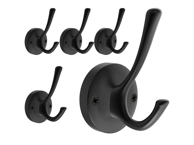 Black Towel Hooks for Wall, 5 Pack Coat Robe Hook Heavy Duty Metal Double Bath Hook Wall Mounted, Hat Hooks for Cubicle Bathroom Kitchen Closet Garage