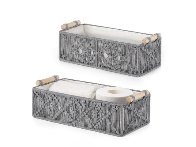 2Pc Macrame Storage Basket, Boho Decor Toilet Paper Holder, Grey Small Baskets for Organizing, Hand-Woven, Bohemian Beach Coastal Decor, Shelf...