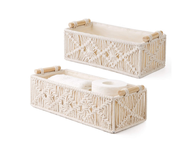 2Pc Macrame Storage Basket, Boho Decor Toilet Paper Holder, Ivory Small Baskets for Organizing, Hand-Woven, Bohemian Beach Coastal Decor, Shelf...