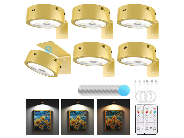 6 Pack Picture Lights for Wall, Rechargeable Battery Operated Wall Lights, Picture Frame Lights with 3 Lighting Modes, Wireless Magnetic Painting...