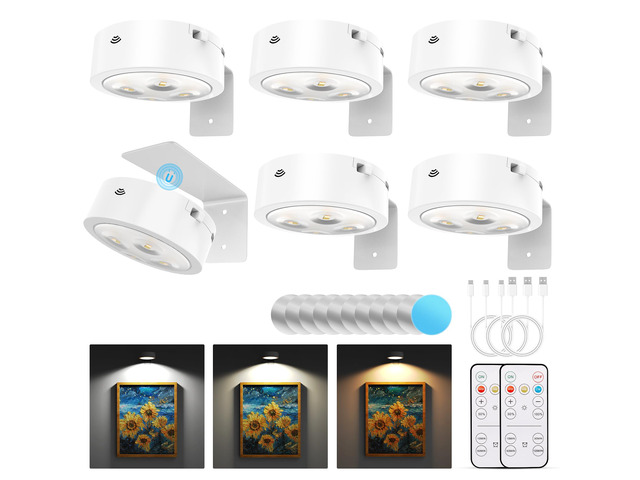 6 Pack Picture Lights for Wall, Rechargeable Battery Operated Wall Lights, Picture Frame Lights with 3 Lighting Modes, Wireless Magnetic Painting...