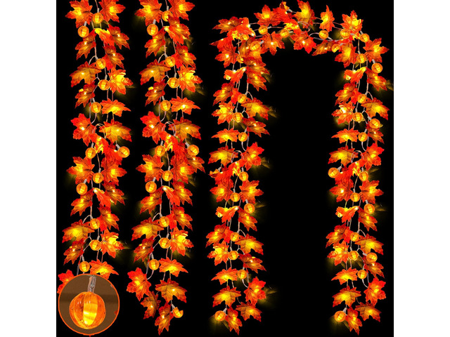 3 Pack Timer Fall Garland with Pumpkin Lights 30Ft 60LED Pumpkin Garland Halloween Fall Decorations for Home, Patented Enlarged Maple Leaves...