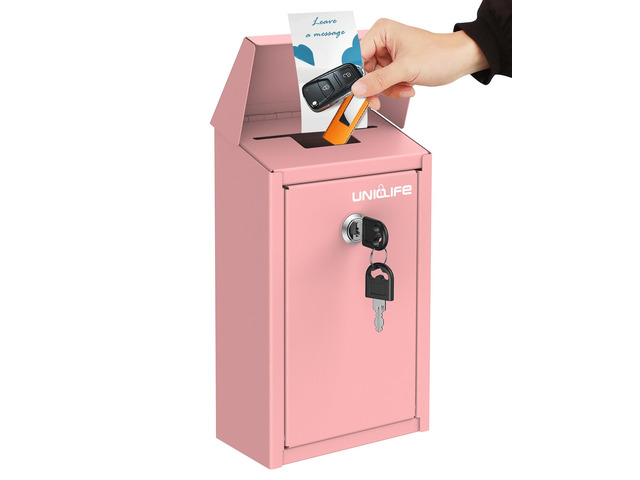 Pink Metal Donation Box, Wall Mounted Mailbox for Outside Safe Suggestion Box with Key Lock, Steel Key Drop Box for Outside, Cash Box for Home...