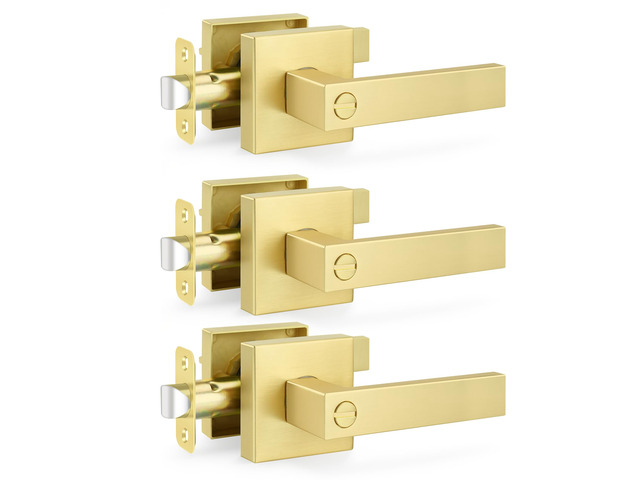 3 Pack Heavy Duty Gold Square Door Levers, Satin Brass Finish, Heavy Duty Privacy Keyless Door Handle with Lock,Solid Zinc Alloy Interior Door...
