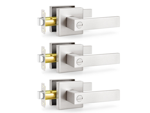 3 Pack Privacy Square Brushed Nickel Door Handles, Interior Keyless Door Knobs for Bedroom/Bathroom, Reversible for Left & Right Handed Doors