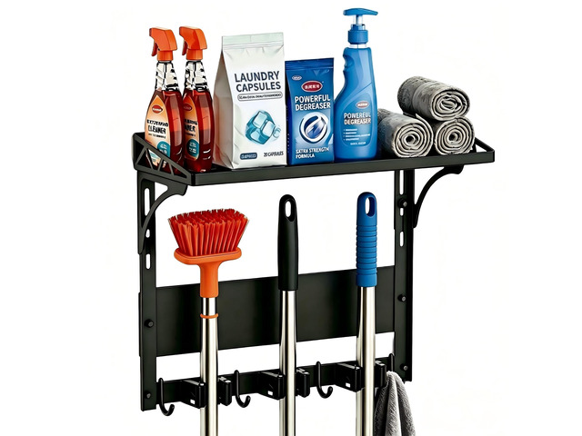Heavy Duty Magnetic Broom Holder,Anti-slip Magnetic Tool Rack with Top Utility Shelf, Easy Assembly Broom Mop Organizer for Refrigerator Metal...
