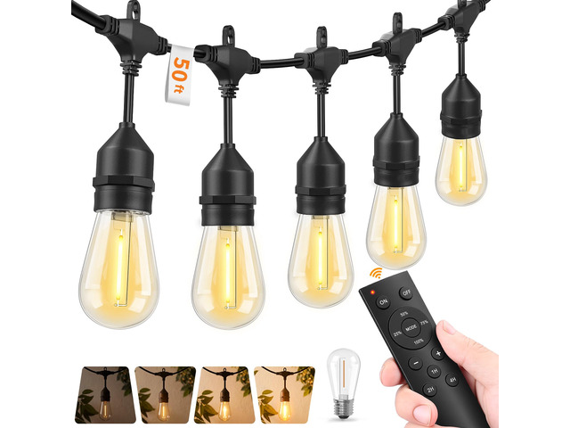 Remote Control Outdoor String Lights Waterproof, 50 FT LED Outside Lights with Shatterproof Bulbs, Dimmable Hanging S14 Lights 3 Modes for Patio...