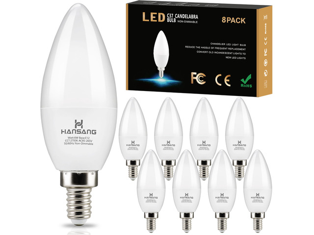 8 Pack E12 LED Candelabra Light Bulbs 60W Equivalent 2700K Warm White Type B Light Bulb for Chandelier, Small Base B11 Ceiling Fan Light Bulbs, 6W...