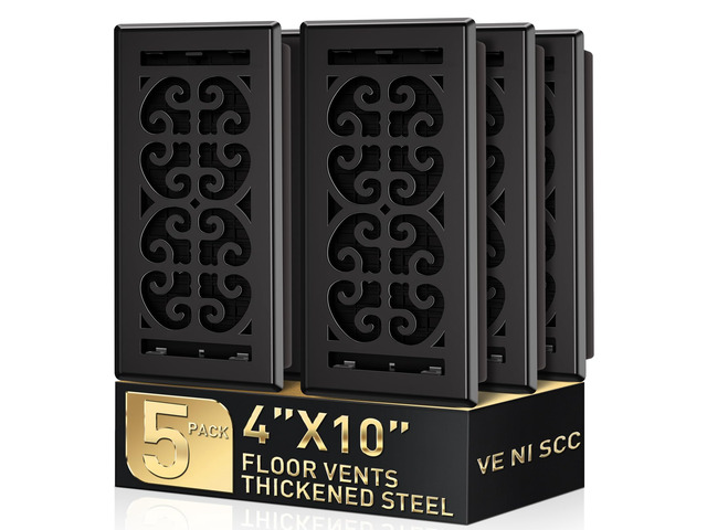4x10 Floor Register, 5-Pack Black Floor Vent Covers, Thicker Metal Heavy Duty Walkable Decorative Scroll Vent Cover, Quiet, Heat-Resistant &...