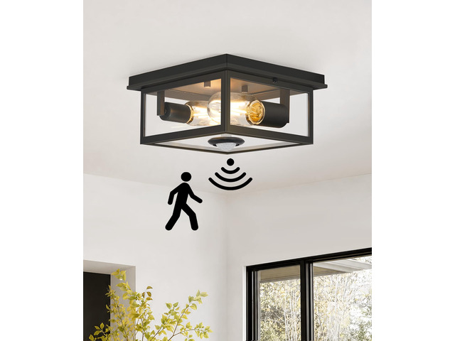 Motion Sensor Outdoor Ceiling Light with Remote, 8.5 Inch Matte Black Flush Mount Porch Light Fixture with United Glass Cover, 5 Modes Outside...
