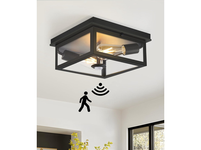 Motion Sensor Outdoor Ceiling Light with Remote, 10.5 Inch Matte Black Flush Mount Porch Light Fixture with United Glass Cover, 5 Modes Outside...