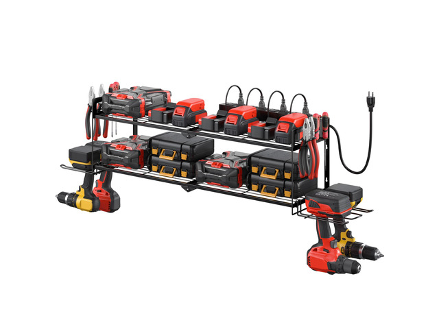 Large Garage Tools Storage with Charging Station. Power Tool Battery Organizer Utility Shelf with Power Strip. 4 Drills Holder Wall Mount Rack