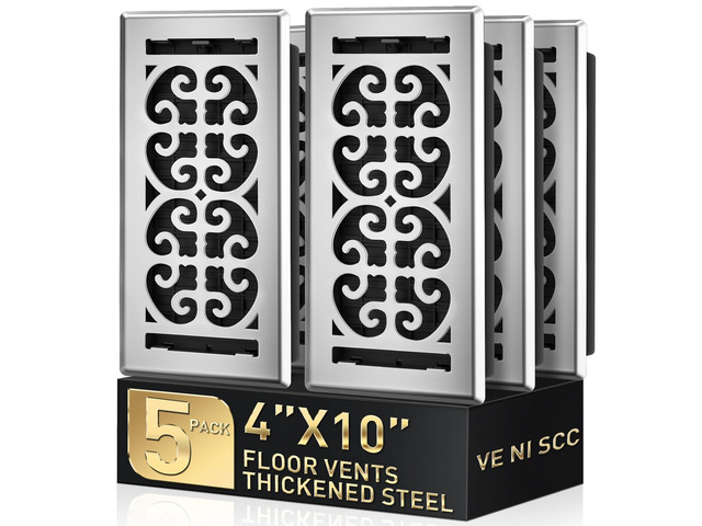 Floor Register 4x10, Satin Nickel Floor Vent Covers for Home Floor, 5-Pack Heavy Duty Walkable Decorative Scroll Air Vent Cover, Thicker Metal...