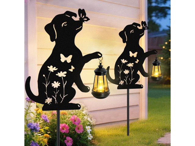 Solar Lights Outdoor,Metal Dog with Hanging Lantern Solar Lights 2PCS Birthday Gifts for Women Mom Mother's Day,Waterproof Metal Stakes Garden...