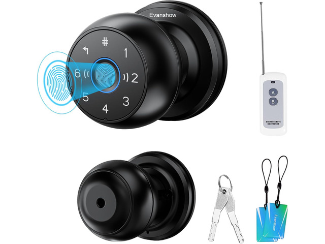 Smart Door Knob Fingerprint Lock 4-in-1 Keyless Entry (Fingerprint/App/Code/Key) Door with Auto-Lock Easy Install for Home/Bedroom/Office (Black 1)