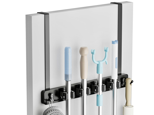 Broom Holder Door Mount, Wood Over the Door Broom and Mop Holder 4 Slots 4 Hooks, No Drill Setup, EVA Protection Pads, Secure Grip, Laundry Garage...