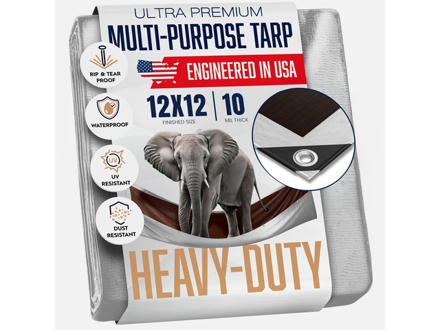 12x12 Heavy Duty Tarp, 10 Mil Thick, Waterproof, Tear & Fade Resistant, High Durability, UV Treated, Grommets Every 18 Inches. (Silver/Brown -...