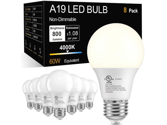 A19 LED Light Bulbs, 4000K Cool Neutral White,60W Eq,E26 Standard Base 9W Energy Saving 85% Efficient, 800LM, Medium Base Lightbulbs for Home...
