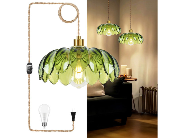 Plug in Pendant Light Hanging Lights with Plug in Cord Boho Hanging Lamp Glass Gold Mid Century Modern Vintage Dimmable Green Flower Plug in...