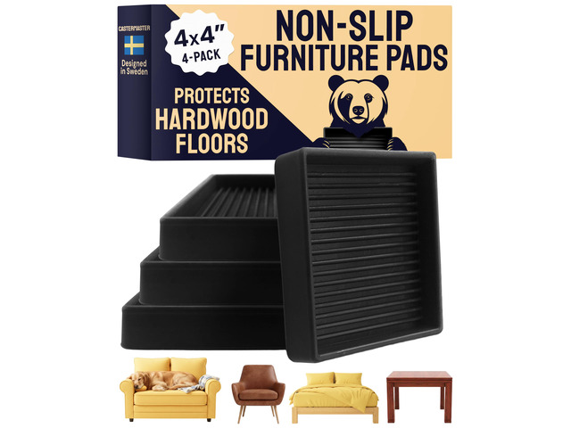 Square Caster Cups - 4 in Black, 4 Pack, Non-Slip Heavy-duty rubber caster cups - Use for bed, sofa & chair legs on hardwood, stop sliding
