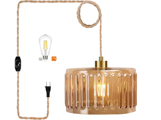Plug in Pendant Light Hanging Lights with in Cord Mid Century Modern Gold Hanging Lamp Flower Glass Amber Vintage Dimmable Chandelier Ceiling...