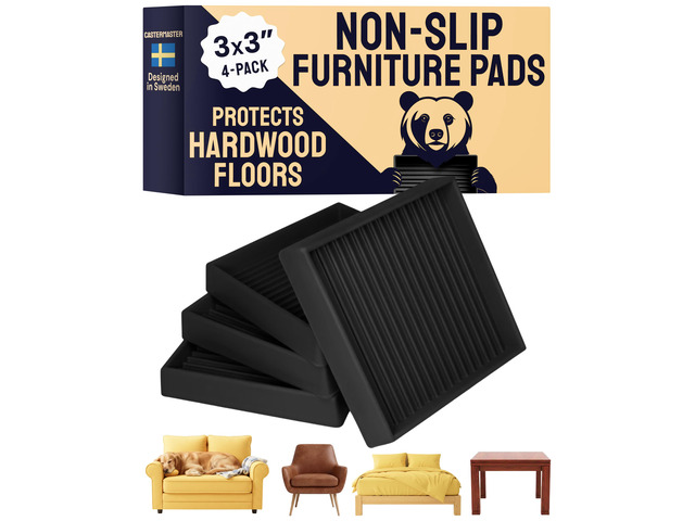 Square Caster Cups - 3x3 in Black, 4 Pack Rubber furniture sliders & feet - noise-dampening - Use for furniture on hardwood, floor protection