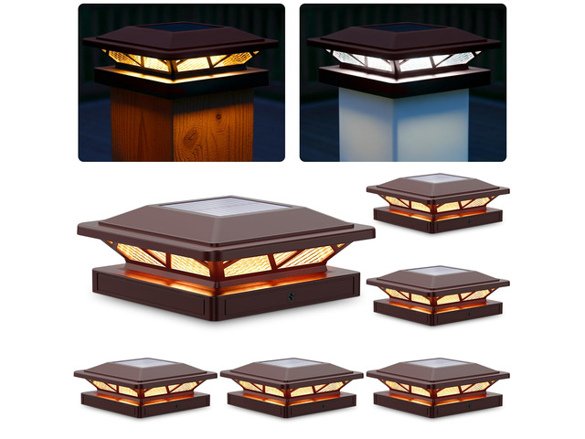 Solar Post Cap Lights Outdoor 2 Modes 6 Pack Brown, (Warm/White) For 3.5x3.5, 4x4, 4.5x4.5 & 5x5 Wood or Vinyl Posts, Solar Powered Waterproof...