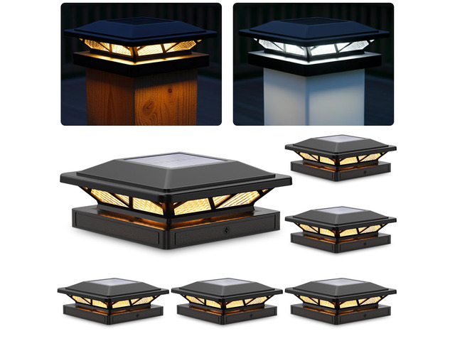 Solar Post Cap Lights Outdoor 2 Modes 6 Pack Black, (Warm/White) For 3.5x3.5, 4x4, 4.5x4.5 & 5x5 Wood or Vinyl Posts, Solar Powered Waterproof...
