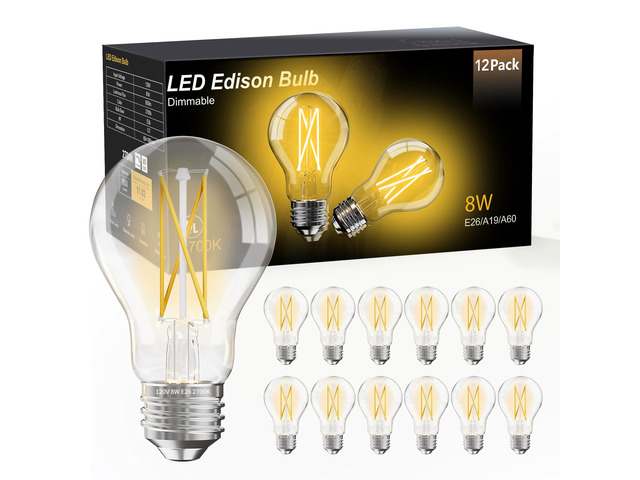 12 Pack A19 Vintage LED Edison Bulbs, Dimmable, 60W Equivalent, High Brightness 2700K Soft White, 8W E26 Standard Base, 800 Lumens, CRI80+, Clear...