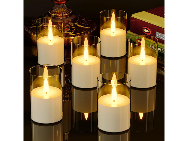 6Pack Flickering Flameless LED Candles with Timer, Battery Powered - Small Pillar & Votive, Clear (2'X3')
