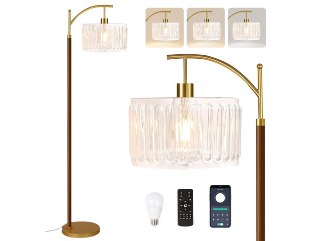 Arc Floor Lamp for Living Room,Bedroom,Glass Mid Century Modern Standing Lamp with Remote Dimmable,Wood Vintage Gold Tall Lamp White Lamp Shade...