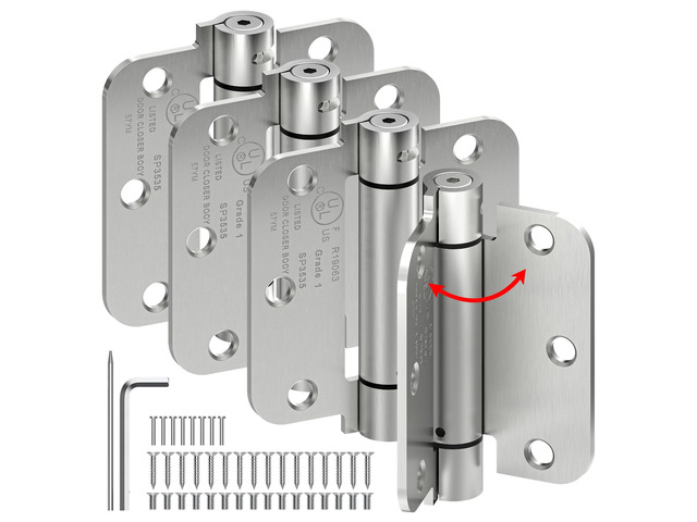 4-Pack 3.5 Inch Self Closing Door Hinges,5/8' Radius Corners,Brushed Nickel Auto Spring Loaded Door Hinges, Adjustable Tension for Exterior,Garage,...