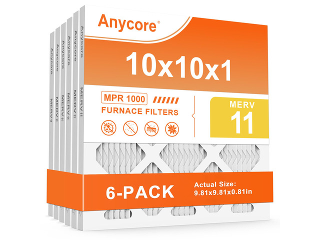 10x10x1 AC Air Filter 6-Pack MERV 11 Furnace Filters for Home Office HVAC Pleated MPR 1000 FPR 7 (Actual Size: 9.81x9.81x0.81 inch)