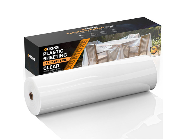 6 Mil 12x25 FT Heavy Duty Greenhouse Plastic Sheeting, 1-Roll Tear-Proof, Waterproof, UV Protection Clear Plastic Drop Cloth for Industrial...