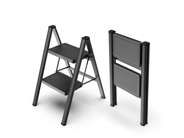 2 Step Foldable Step Stool, 330lbs Load, Black Folded 26'' H x 2'' T; Net 7.4 lbs; Anti-Slip Feet Grip Wood, Tile, Carpet; Wide Pedals; For...