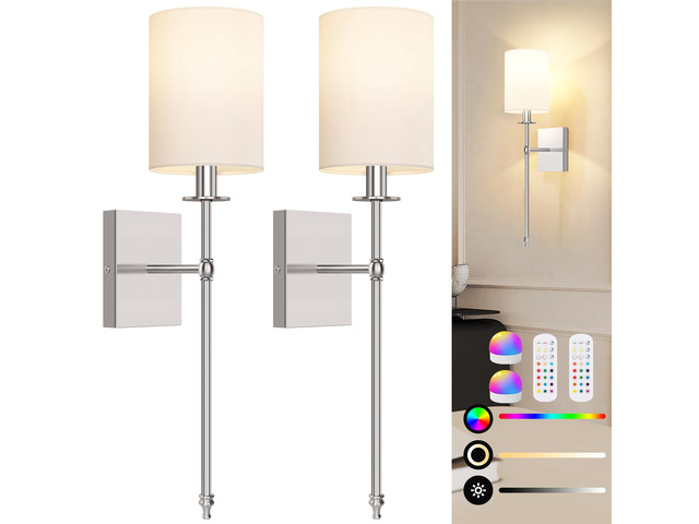 24 Inch Battery Operated Wall Sconces Set of 2 with Remote, Brushed Nickel Rechargeable Wireless Wall Lights with White Fabric Shade, Cordless Wall...