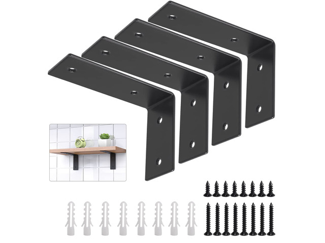 Heavy Duty L Brackets, 5 x 3 x 1.8 Inch Shelf Brackets, Black 3mm Thick Stainless Steel, 55 LB Load Capacity, Wall Mounted, Floating Shelf Support,...
