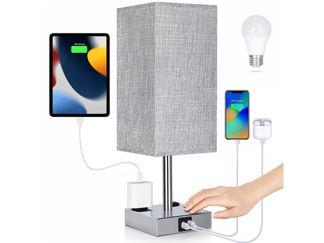 Bedside Lamp with USB Ports - Touch Control Table Lamp for Bedroom with USB C+A Charging Ports & AC Outlets, 3 Way Dimmable Nightstand Light for...