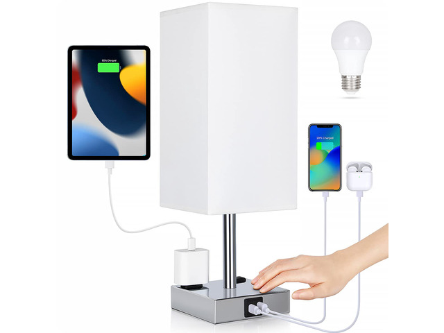 Bedside Lamp with USB Ports - Touch Control Table Lamp for Bedroom with USB C+A Charging Ports & AC Outlets, 3 Way Dimmable Nightstand Light for...