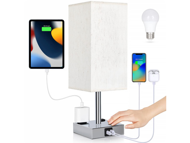 Bedside Lamp with USB Ports - Touch Control Table Lamp for Bedroom with USB C+A Charging Ports & AC Outlets, 3 Way Dimmable Nightstand Light for...