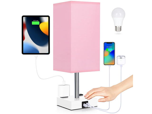 Bedside Lamp with USB Ports - Touch Control Table Lamp for Bedroom with USB C+A Charging Ports & AC Outlets, 3 Way Dimmable Nightstand Light with...