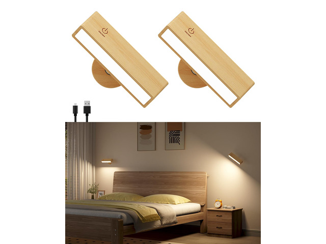 Battery Operated Wall Sconces Set of 2,Rechargeable Wall Lights Wood,Stick On Wall Lights for Bedroom,Wall Mounted Bedside Reading Lamps...