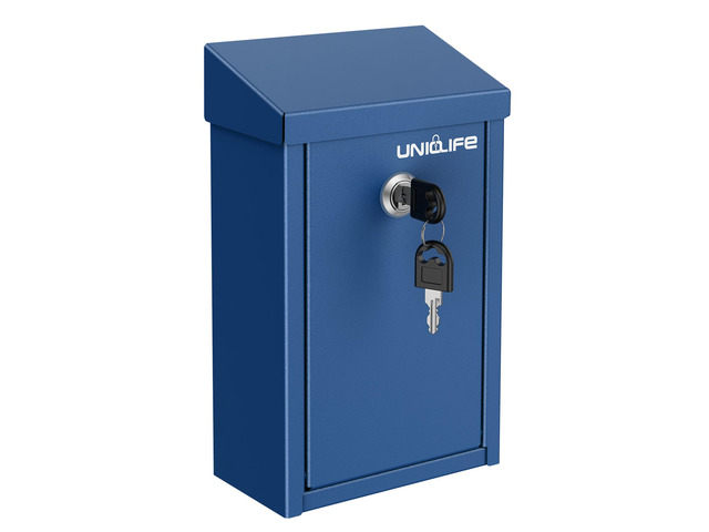 Blue Metal Donation Box, Wall Mounted Mailbox for Outside Safe Suggestion Box with Key Lock, Steel Key Drop Box for Outside, Cash Box for Home...