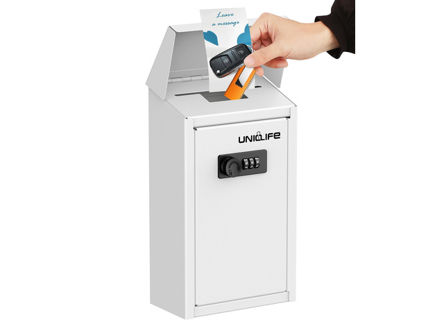 Cash Box with Combination Lock, Wall Mounted Mailbox for Outside White Code Lock Box, Metal Donation Box with Top Slot, Suggestion Box for Office...