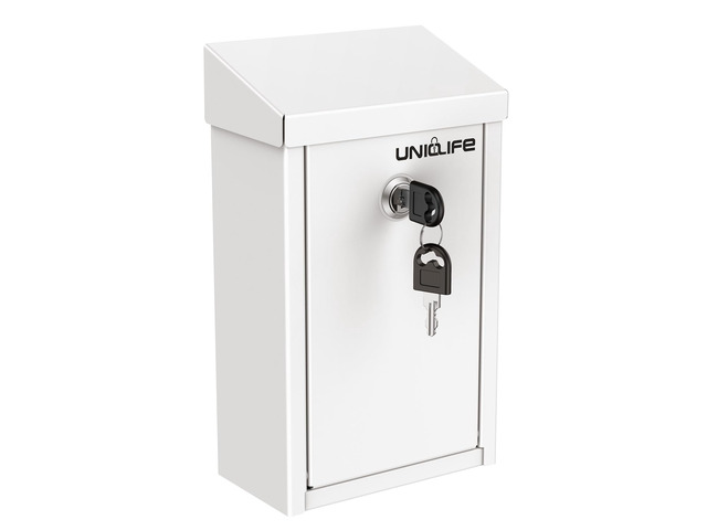 White Metal Donation Box, Wall Mounted Mailbox for Outside Safe Suggestion Box with Key Lock, Steel Key Drop Box for Outside, Cash Box for Home...