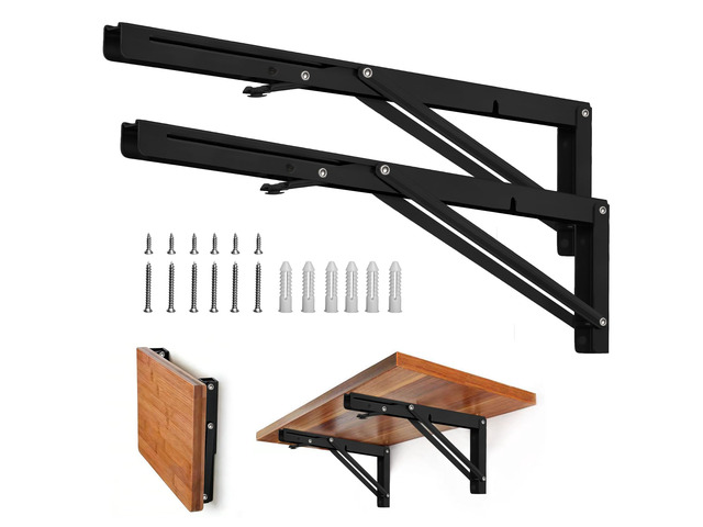 Folding Shelf Brackets, 22 Inch 2 Pcs Black Stainless Steel Collapsible Bracket Design, for Bench Table, Shelf Hinge Wall Mounted Space Saving DIY...